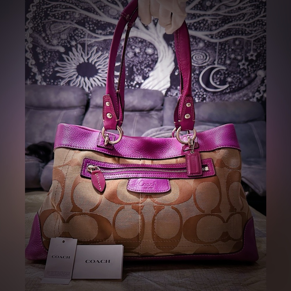 Vintage Coach purple Pink leather and Tan Signature Tote Bag shoulder bag 2009 - Picture 8 of 17
